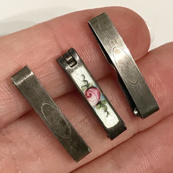 Vintage Guilloche Sterling Silver Enamel Hand Painted Rose Barrette Lot Set of 3 main image 10